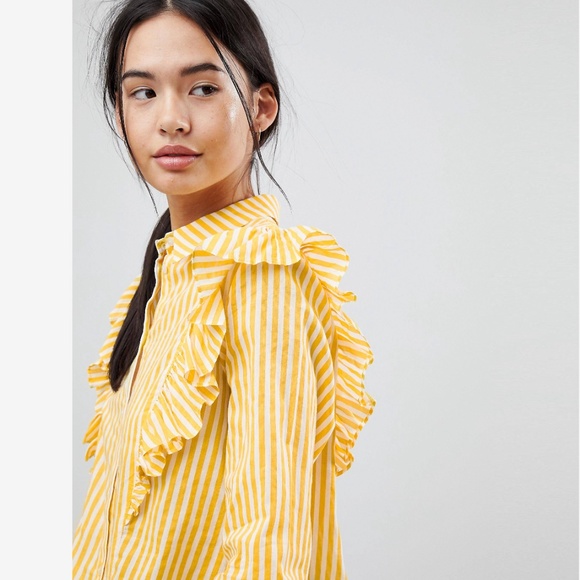 ASOS Noisy May Yellow White Stripe Ruffle Blouse Button Down Cotton Top XSmall - Picture 16 of 16